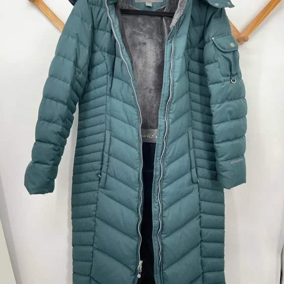 Long Quilted Hooded Down Puffer Coat in Teal - Picture 2 of 15